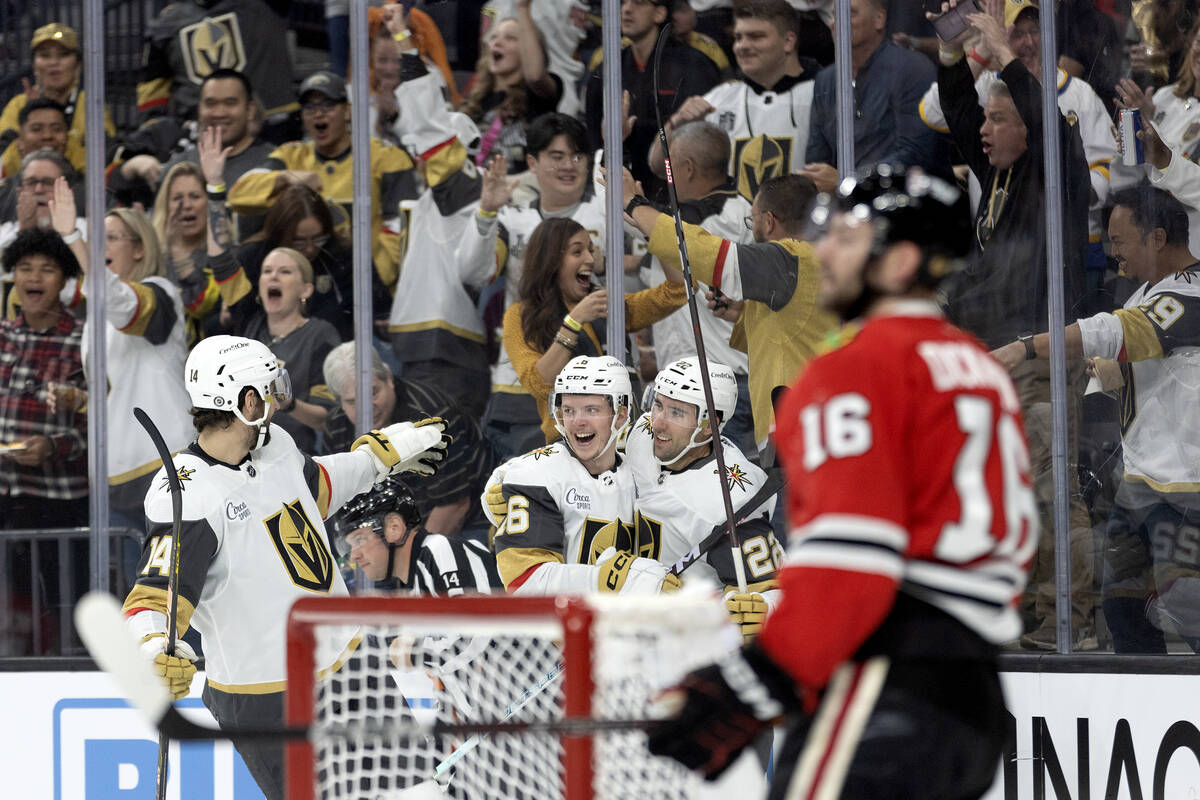 Golden Knights left wing Pavel Dorofeyev (16), right wing Michael Amadio (22) and defenseman Ni ...