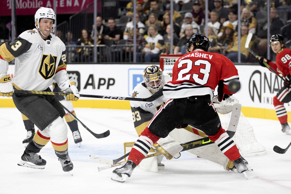 Golden Knights goaltender Adin Hill (33) and defenseman Brayden McNabb (3) watch the puck after ...