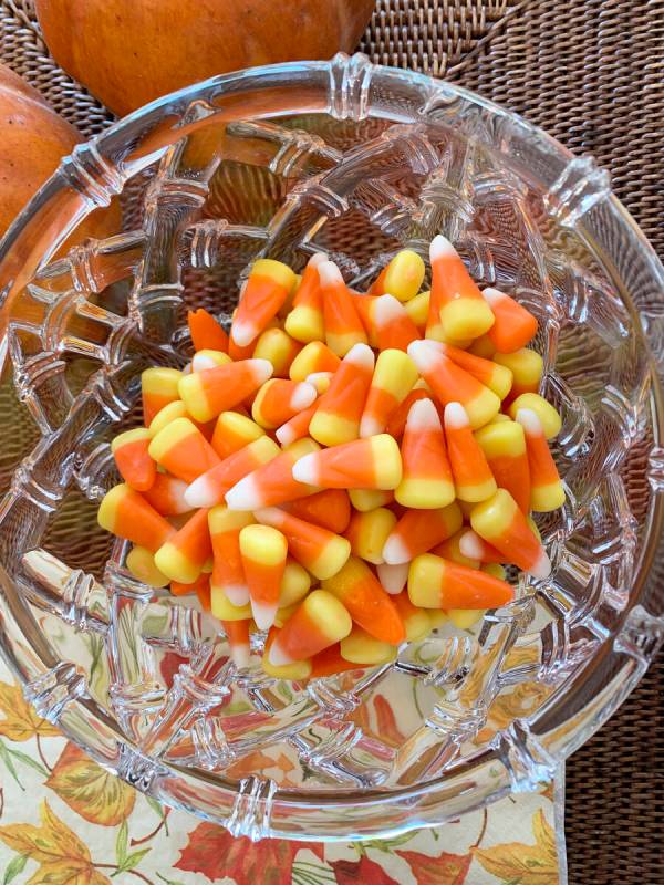 This image shows a bowl of candy corn in Westchester County, N.Y. on Oct. 23, 2023. Cruel joke ...