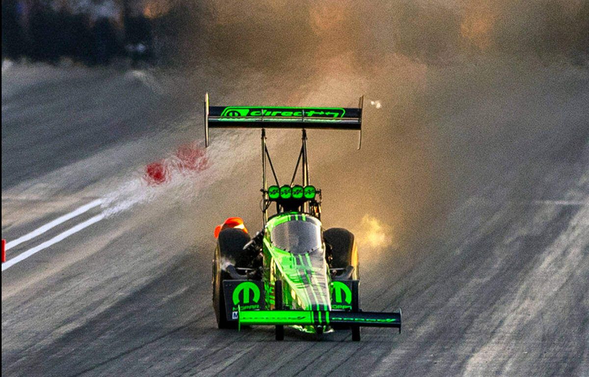 Top Fuel racer Leah Pruett gets a little sideways during a qualifying session in the NHRA Nevad ...