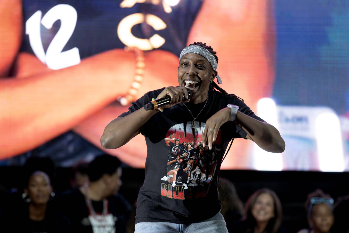 Las Vegas Aces guard Chelsea Gray speaks during a celebration of her team’s WNBA basketb ...