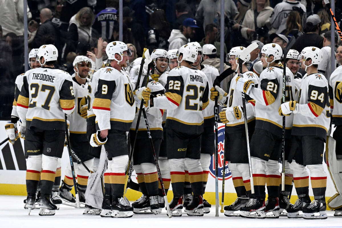 Vegas Golden Knights celebrate a shootout win over the Los Angeles Kings in an NHL hockey game ...