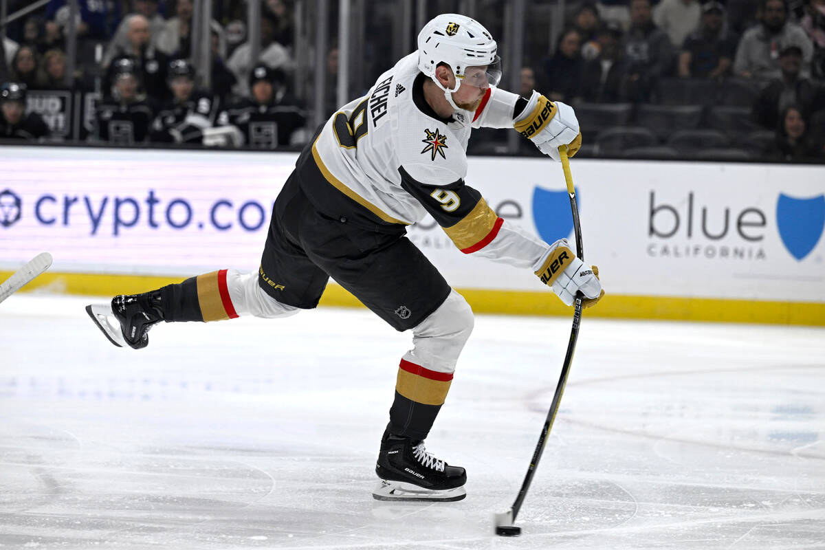 Vegas Golden Knights center Jack Eichel (9) shoots against the Los Angeles Kings during the fir ...