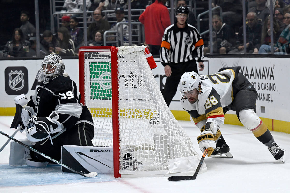 Vegas Golden Knights left wing William Carrier (28) attempts to shoot on goal against Los Angel ...