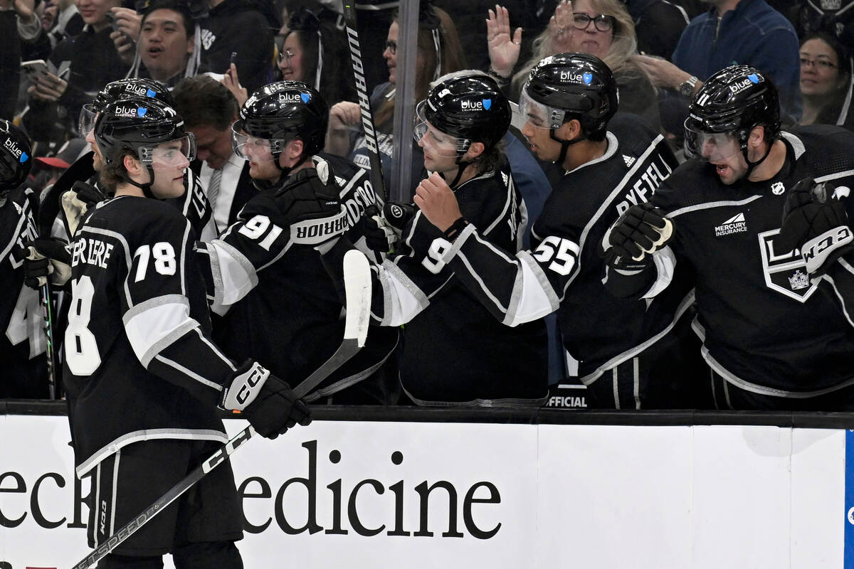 Los Angeles Kings right wing Alex Laferriere (78) celebrates is congratulated for his goal agai ...