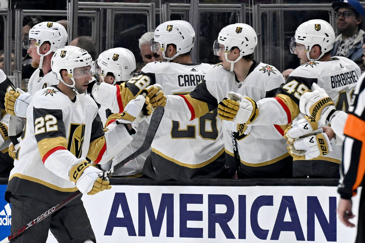 Vegas Golden Knights right wing Michael Amadio (22) is congratulated for his goal against the L ...