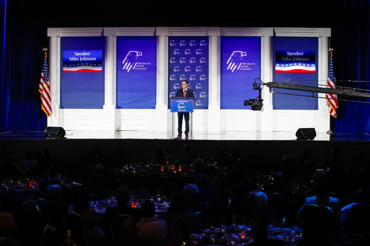 Recently elected Republican House Speaker Mike Johnson speaks at his first public event at the ...