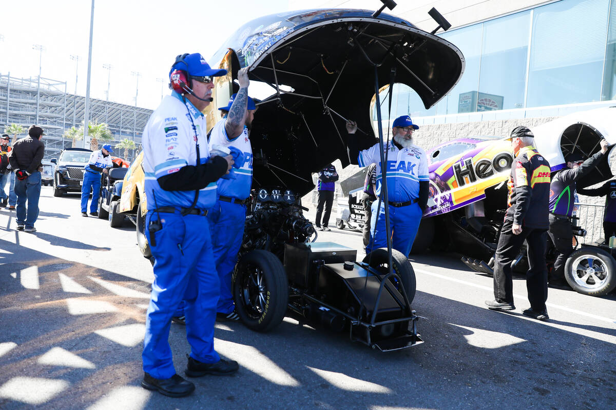 A pit team prepares a funny car at the NHRA Nevada Nationals at The Strip at Las Vegas Motor Sp ...