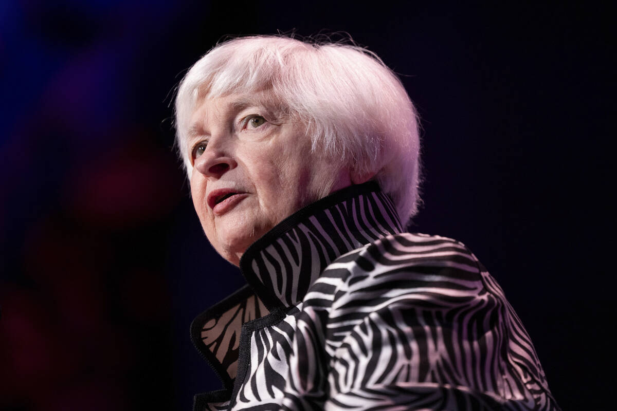 FILE - United States Secretary of the Treasury Janet Yellen speaks at the Atlantic Council Glob ...