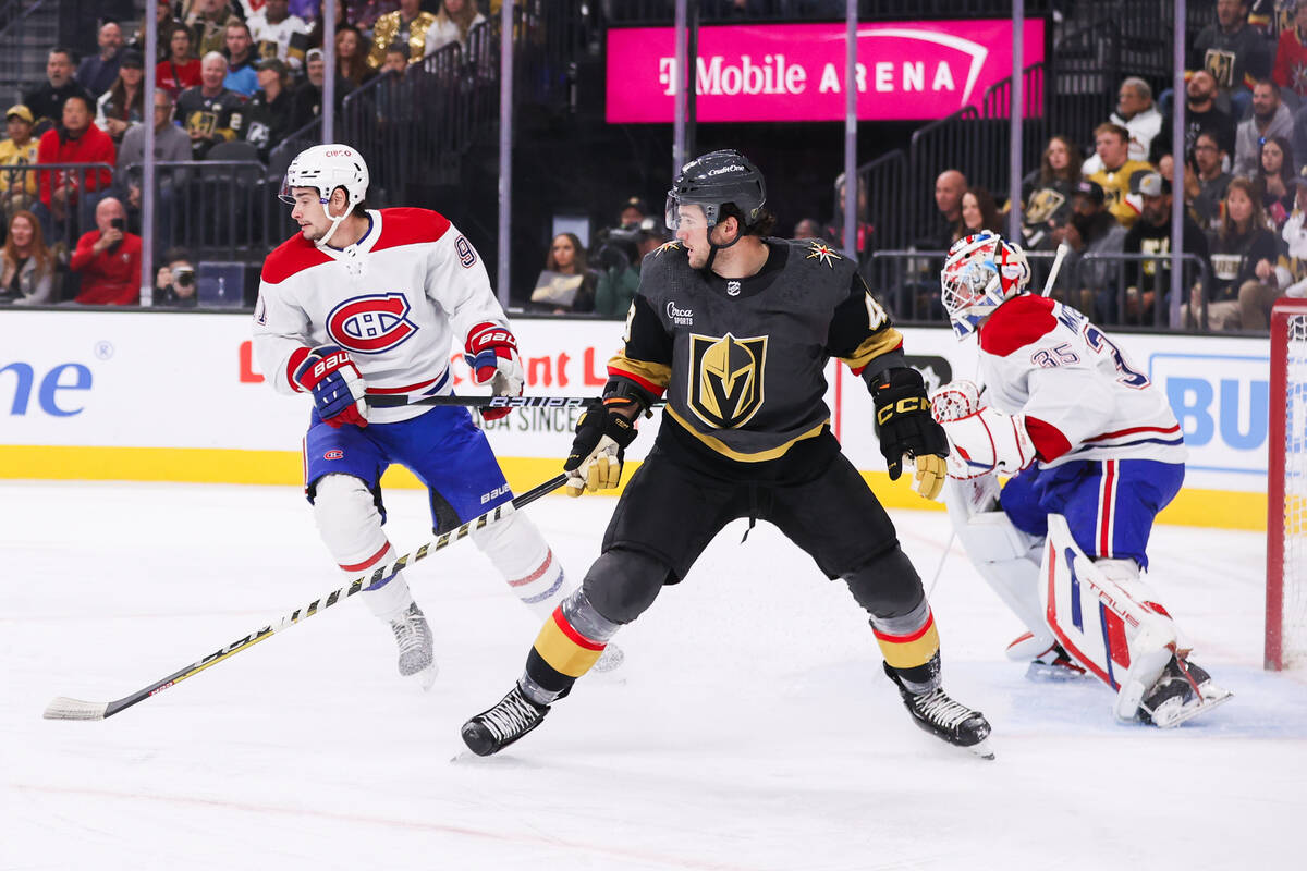 Golden Knights center Paul Cotter (43) looks across the ice during an NHL game against the Mont ...