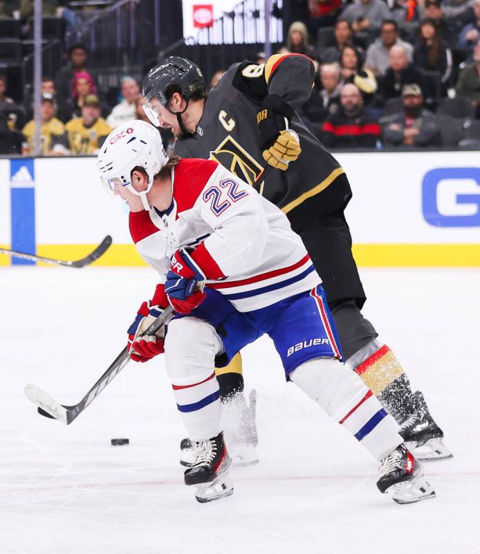 Montreal Canadiens right wing Cole Caufield (22) and Golden Knights right wing Mark Stone (61) ...