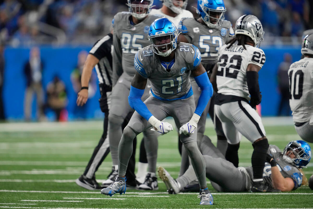 Detroit Lions safety Tracy Walker III (21) reacts after sacking Las Vegas Raiders quarterback J ...