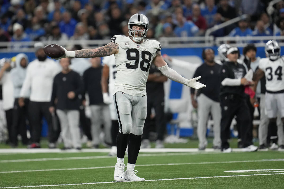 Las Vegas Raiders defensive end Maxx Crosby reacts after a play during the second half of an NF ...