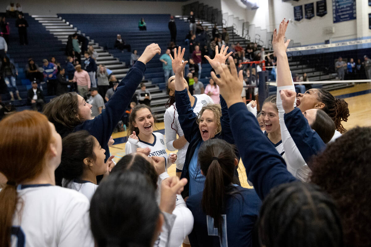 Centennial head coach Kristie Heaton hypes up her team after they won a Class 5A Southern Regio ...