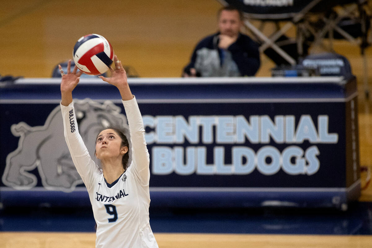 Centennial setter Mae Stoddard (9) sets the ball during a Class 5A Southern Region quarterfinal ...