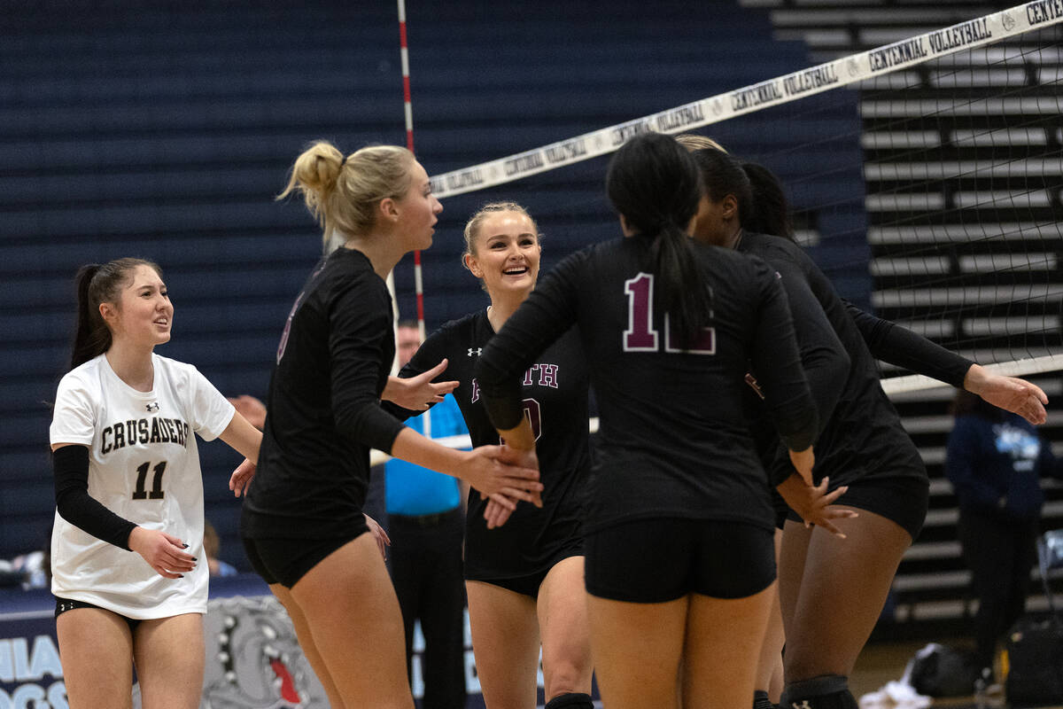 Faith Lutheran celebrates after scoring during a Class 5A Southern Region quarterfinal girls vo ...