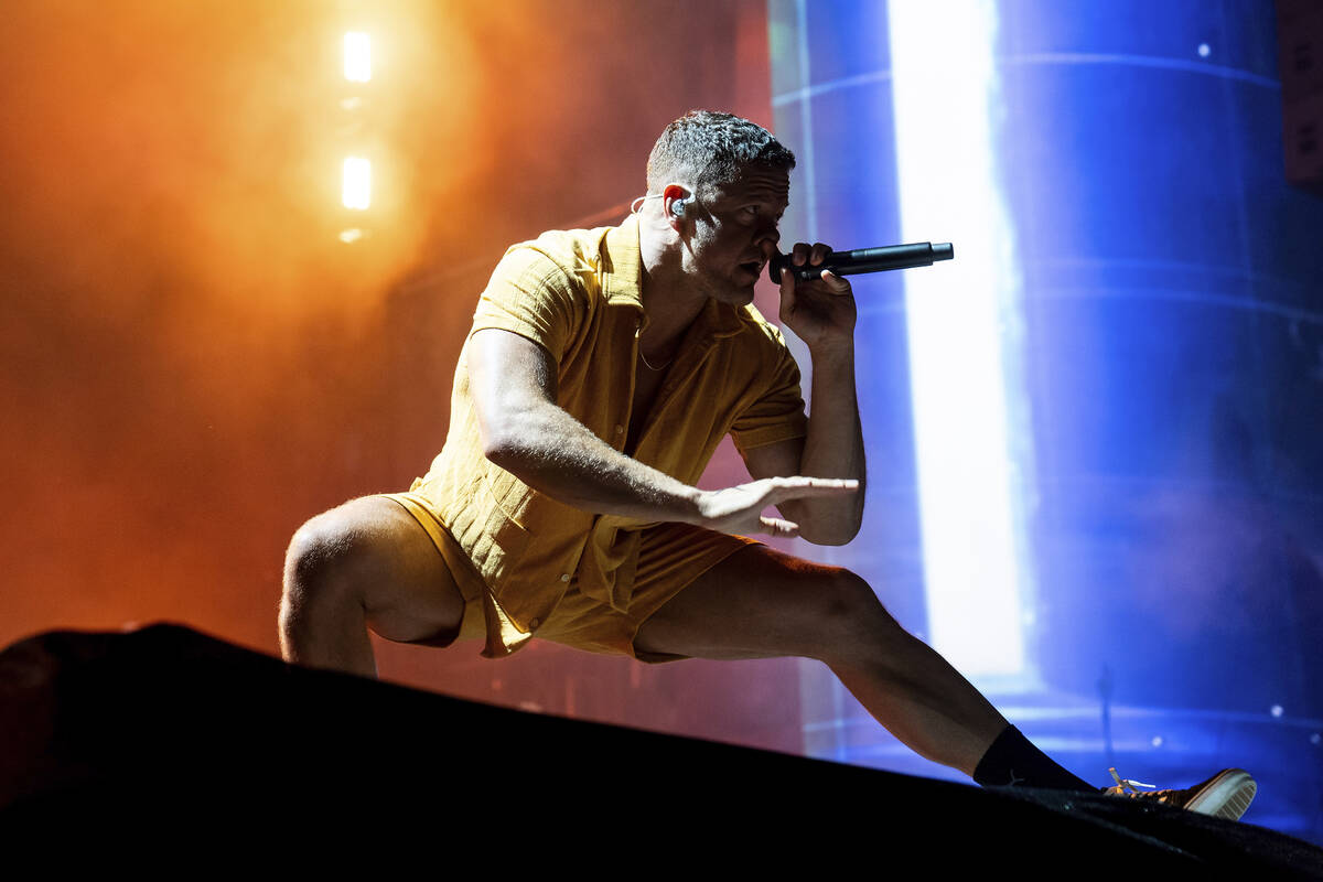 Dan Reynolds of Imagine Dragons performs at the Reading Music Festival, England, Sunday, Aug. 2 ...