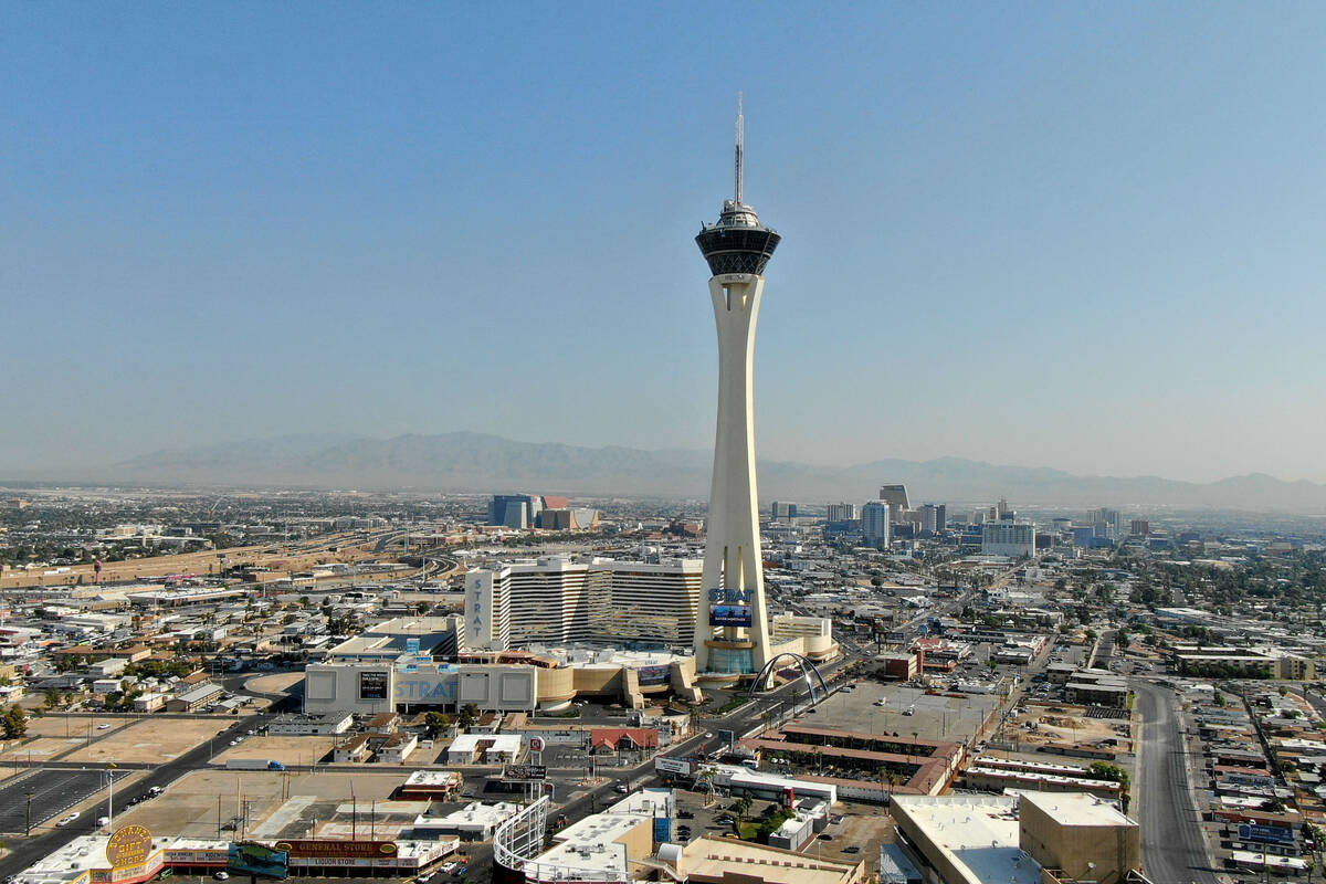 An aerial view of The Strat is seen in 2021. (Las Vegas Review-Journal)