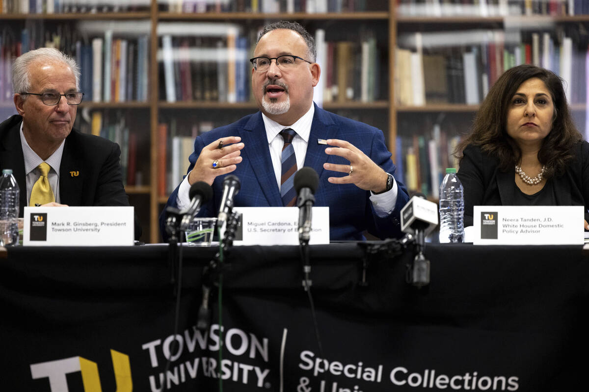 Education Secretary Miguel Cardona, domestic policy adviser Neera Tanden and Towson University ...