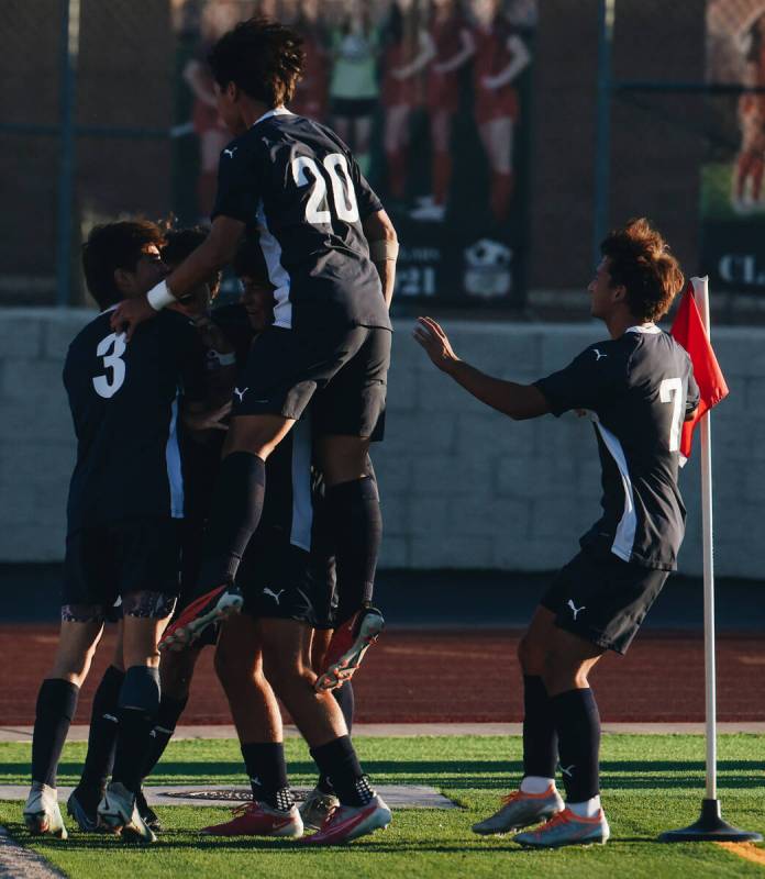 Coronado players celebrate scoring a goal against Bishop Gorman during a Class 5A Southern Leag ...