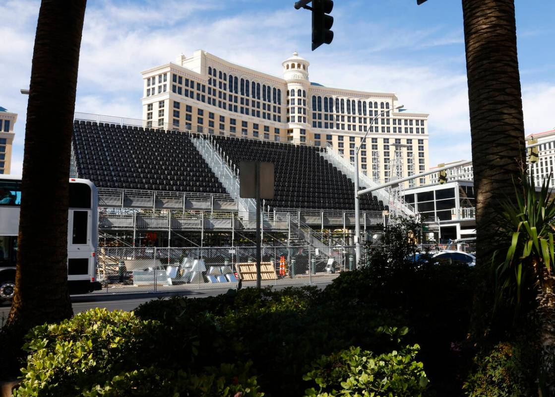 Construction on grandstands at the lake in front of Bellagio is under way as part of the Formul ...