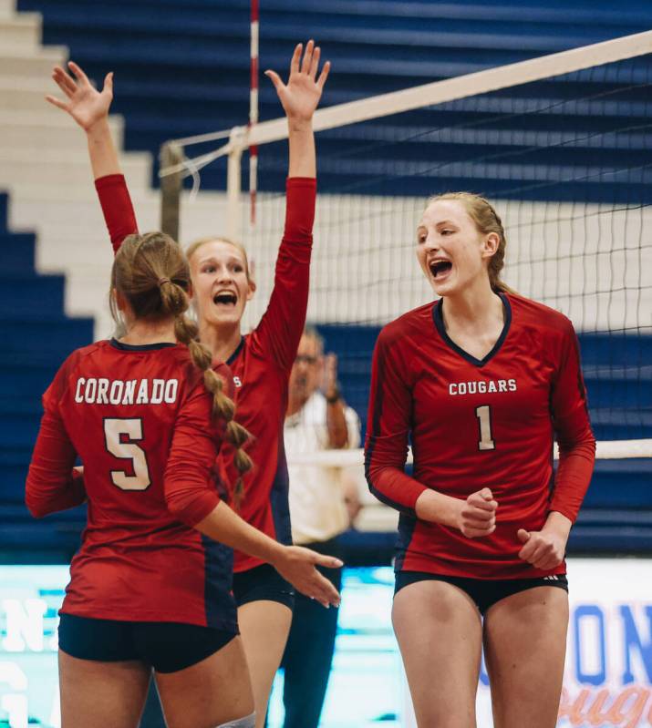 Coronado celebrates winning a set during a Class 5A Southern Region volleyball match against Sh ...