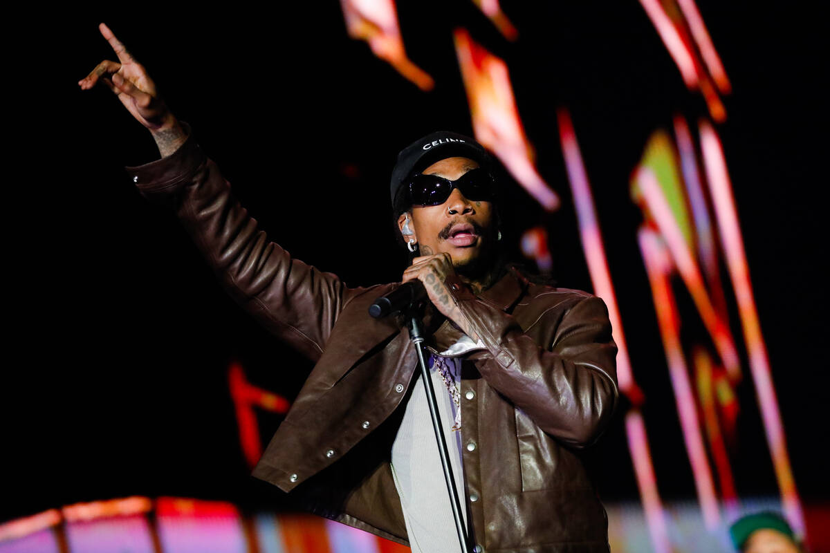 Wiz Khalifa looks to the crowd during a performance at the 2023 SEMA Fest on Friday, Nov. 3, 20 ...