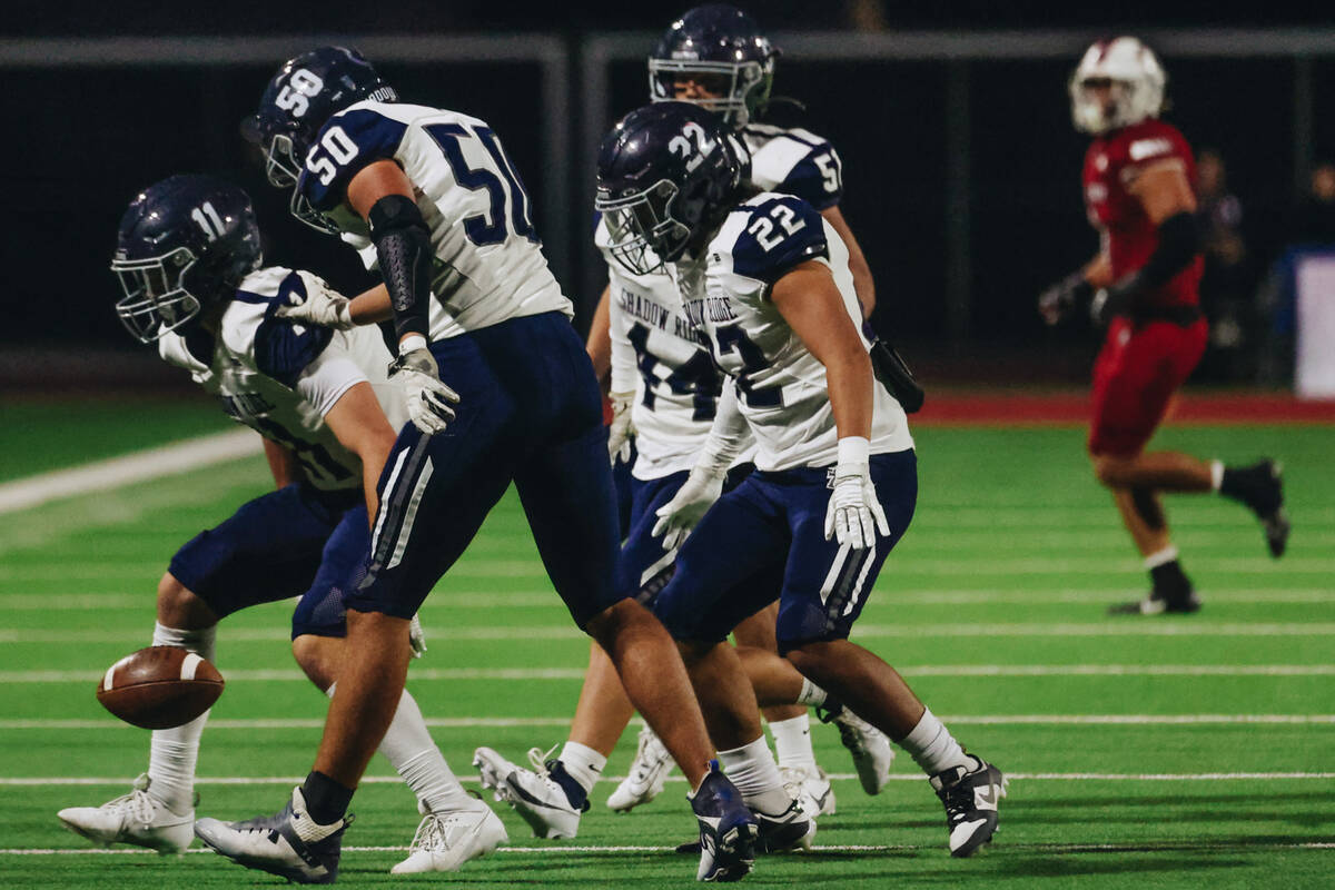 Shadow Ridge players watch the ball fall into place after a kickoff during a game against Liber ...