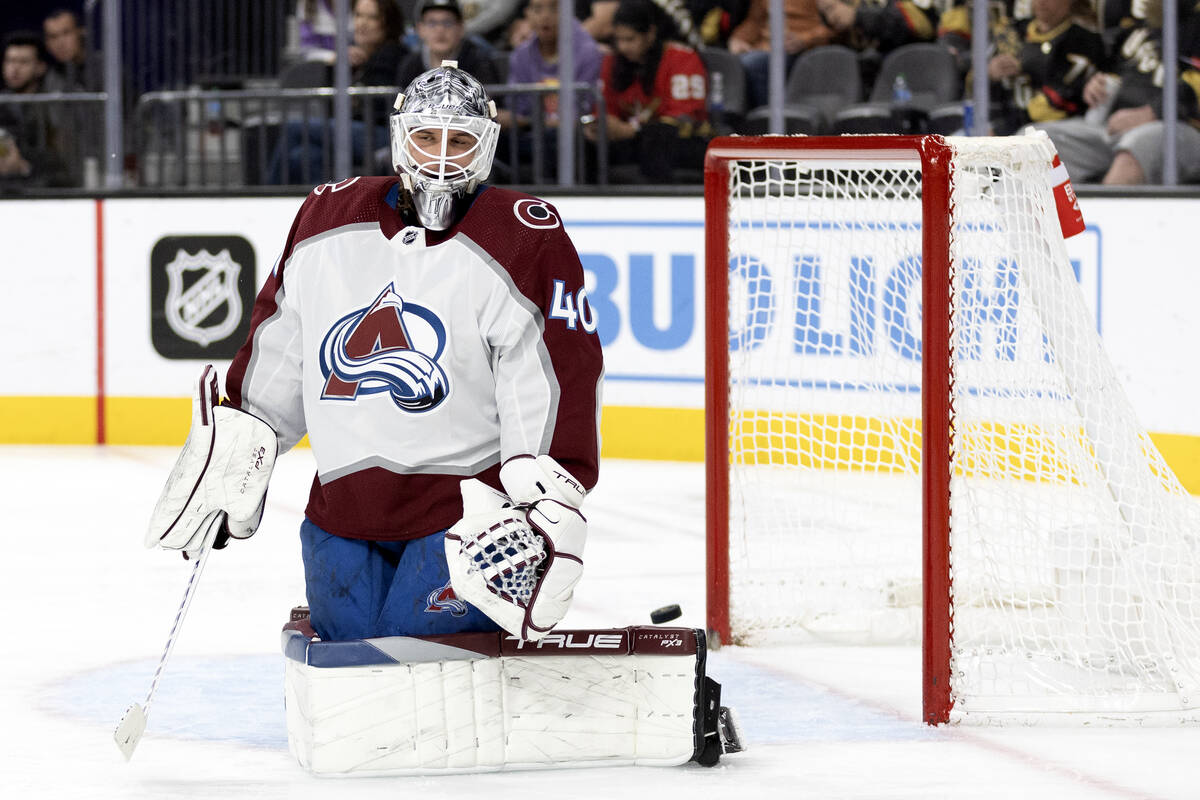 Avalanche goaltender Alexandar Georgiev (40) reacts after the Golden Knights scored their 6th g ...