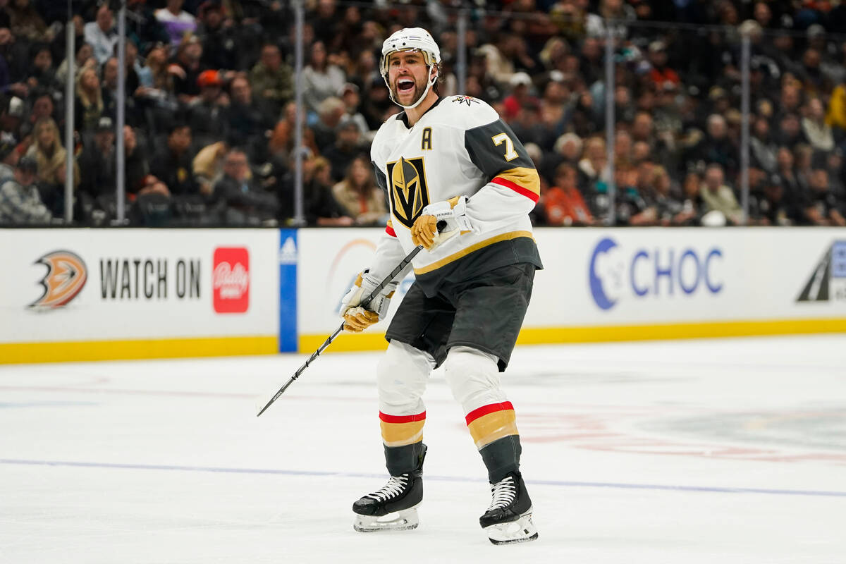 Vegas Golden Knights defenseman Alex Pietrangelo reacts during the second period of an NHL hock ...