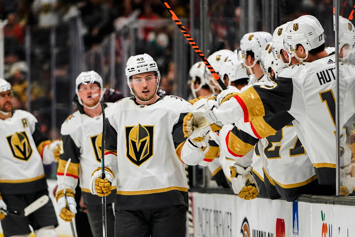 Vegas Golden Knights center Ivan Barbashev, center, celebrates after scoring a goal during the ...