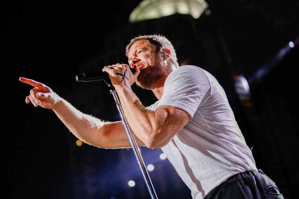 Dan Reynolds, lead singer of Imagine Dragons, performs at the 2023 SEMA Fest on Saturday, Nov. ...