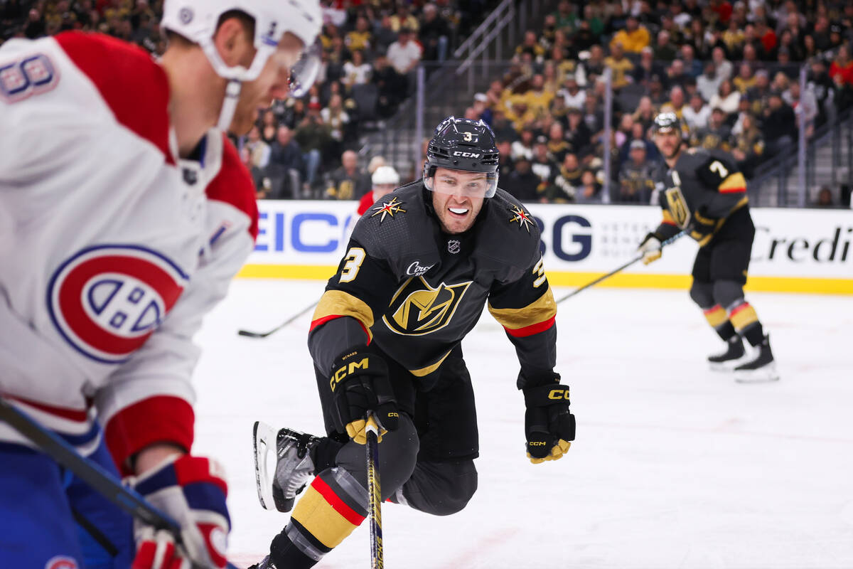 Golden Knights defenseman Brayden McNabb (3) skates to the puck during an NHL game against the ...