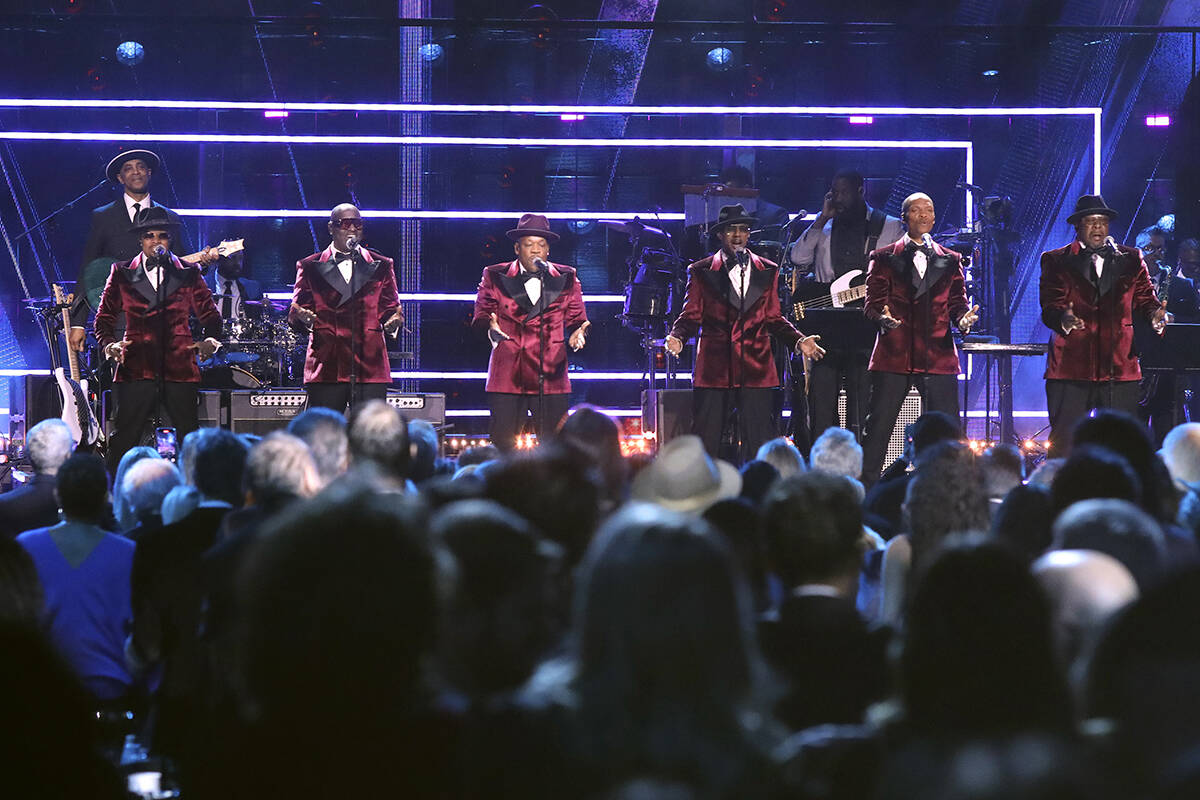 Ricky Bell, from left, Johnny Gill, Michael Bivins, Ralph Tresvant, Ronnie DeVoe, and Bobby Bro ...