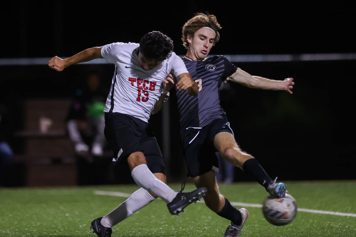 Southeast Career Technical Academy’s Omar Ibarra (13) and Faith Lutheran’s Kade C ...