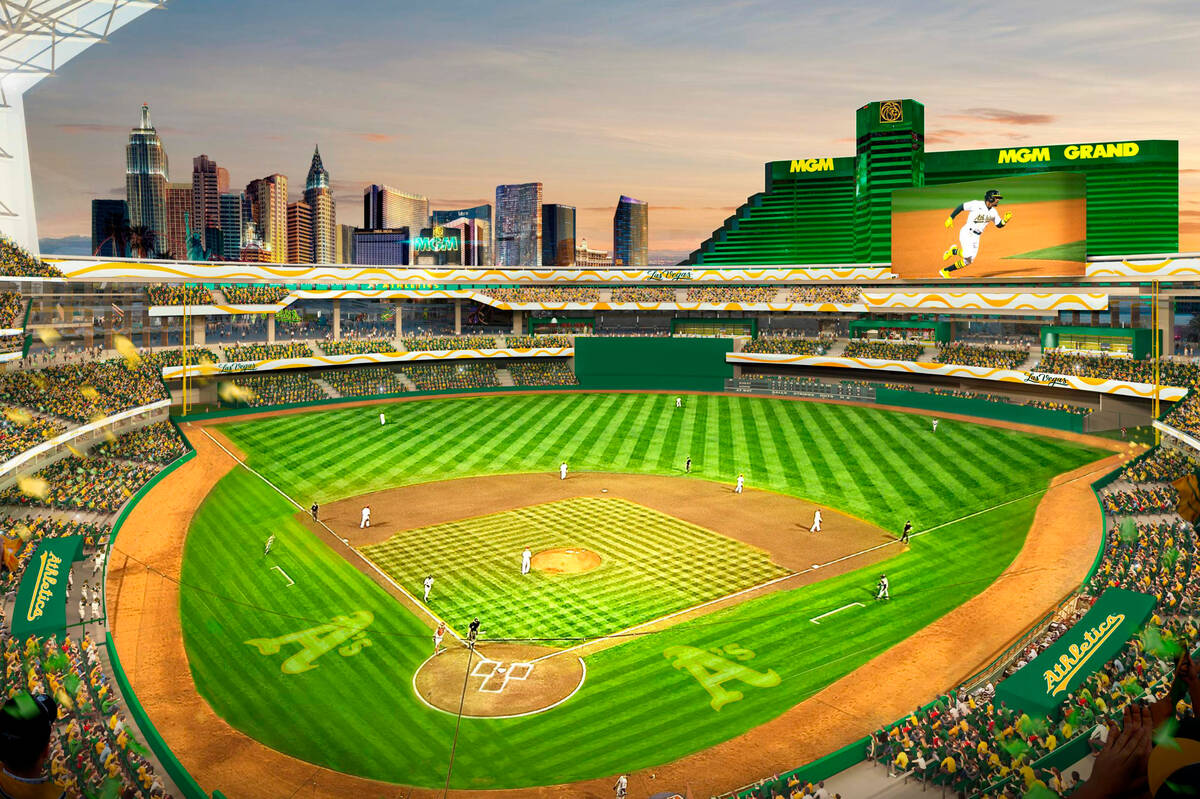 A conceptual rendering of the Athletics' proposed new ballpark at the Tropicana site in Las Veg ...