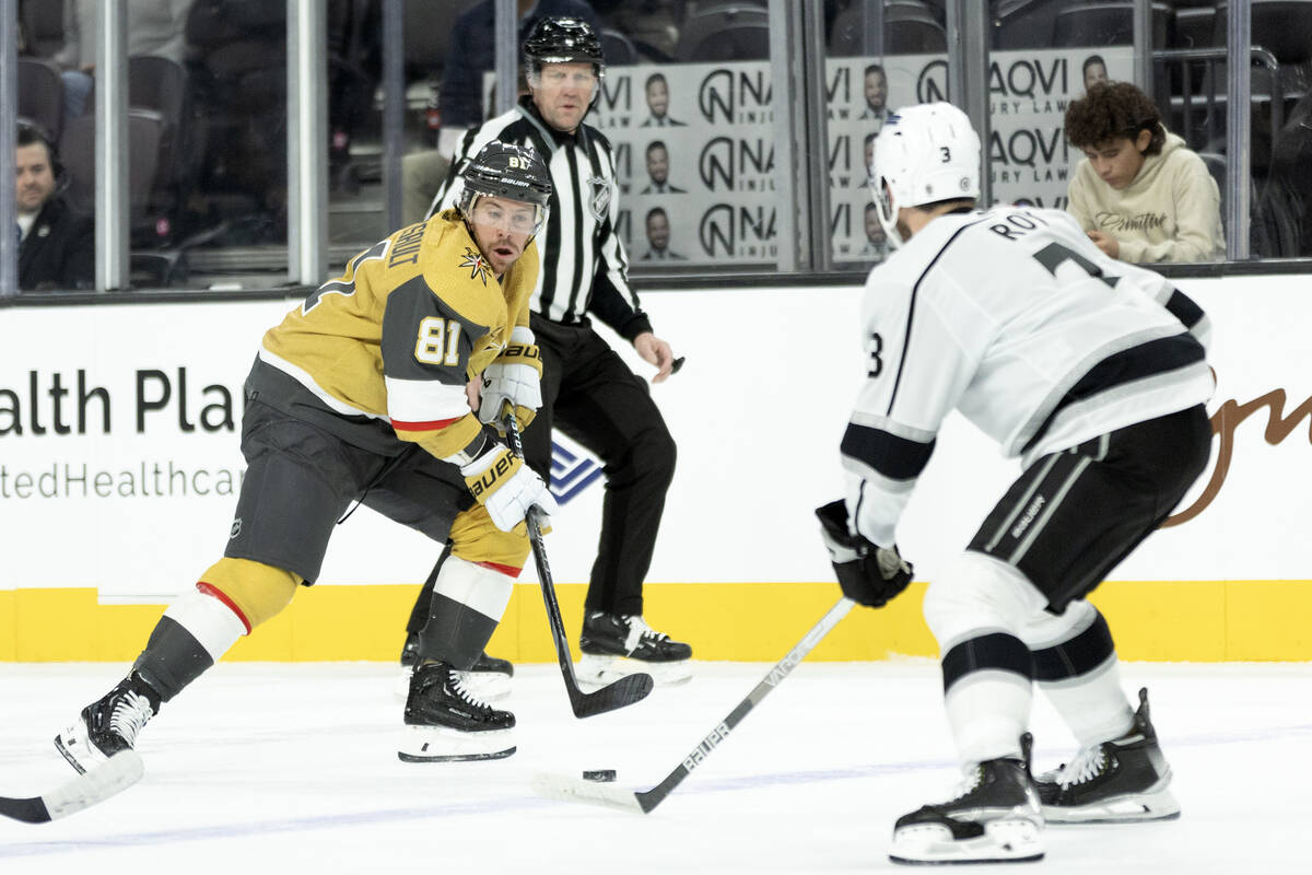 Golden Knights right wing Jonathan Marchessault (81) skates against Kings defenseman Matt Roy ( ...