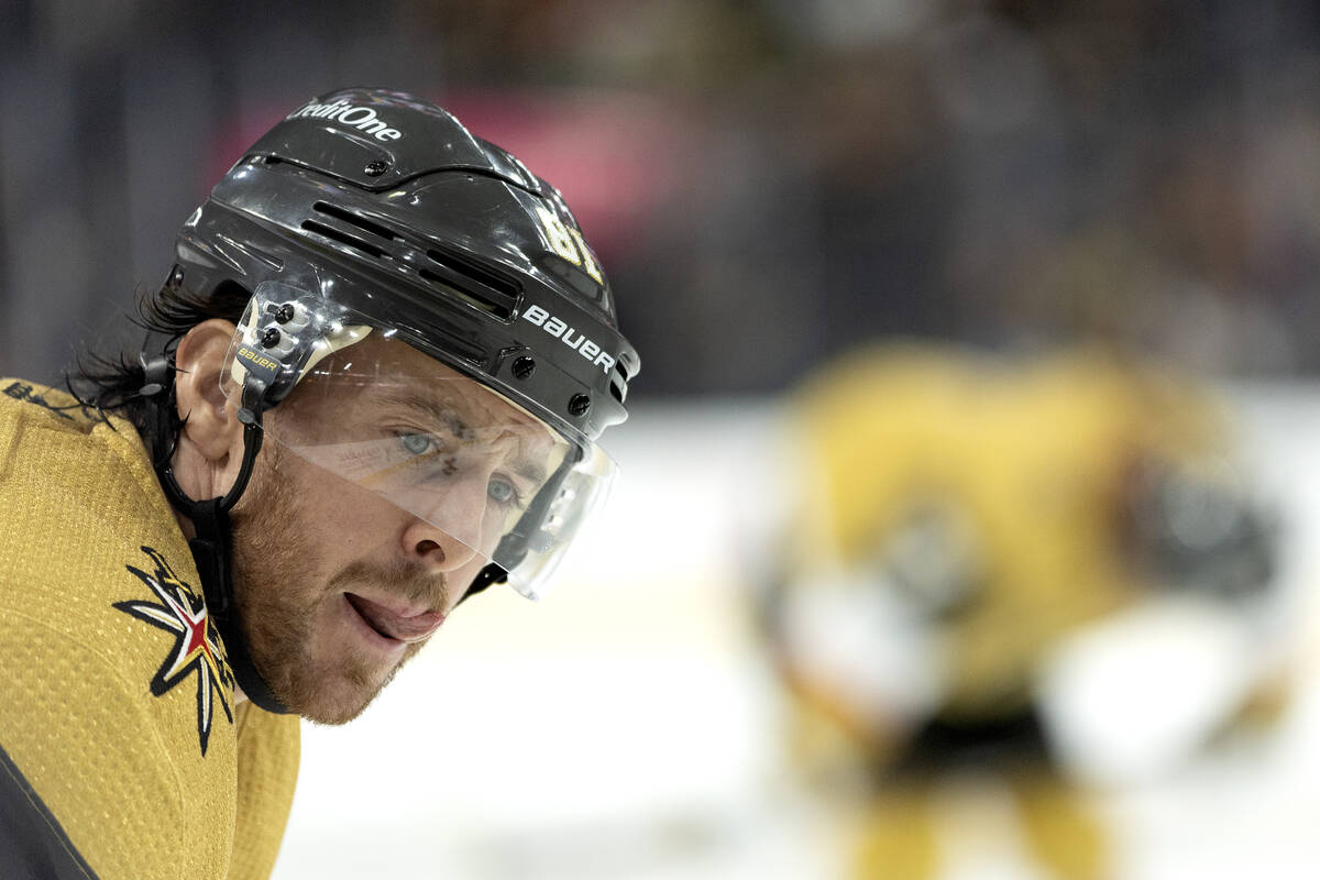 Golden Knights right wing Jonathan Marchessault (81) pays attention to a face-off against the K ...