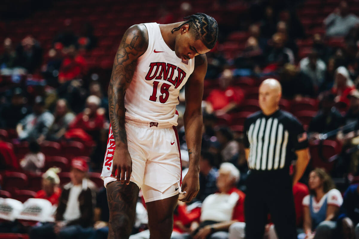 UNLV guard Luis Rodriguez (15) reacts as UNLV loses 85-71 to Southern during a game at Thomas & ...