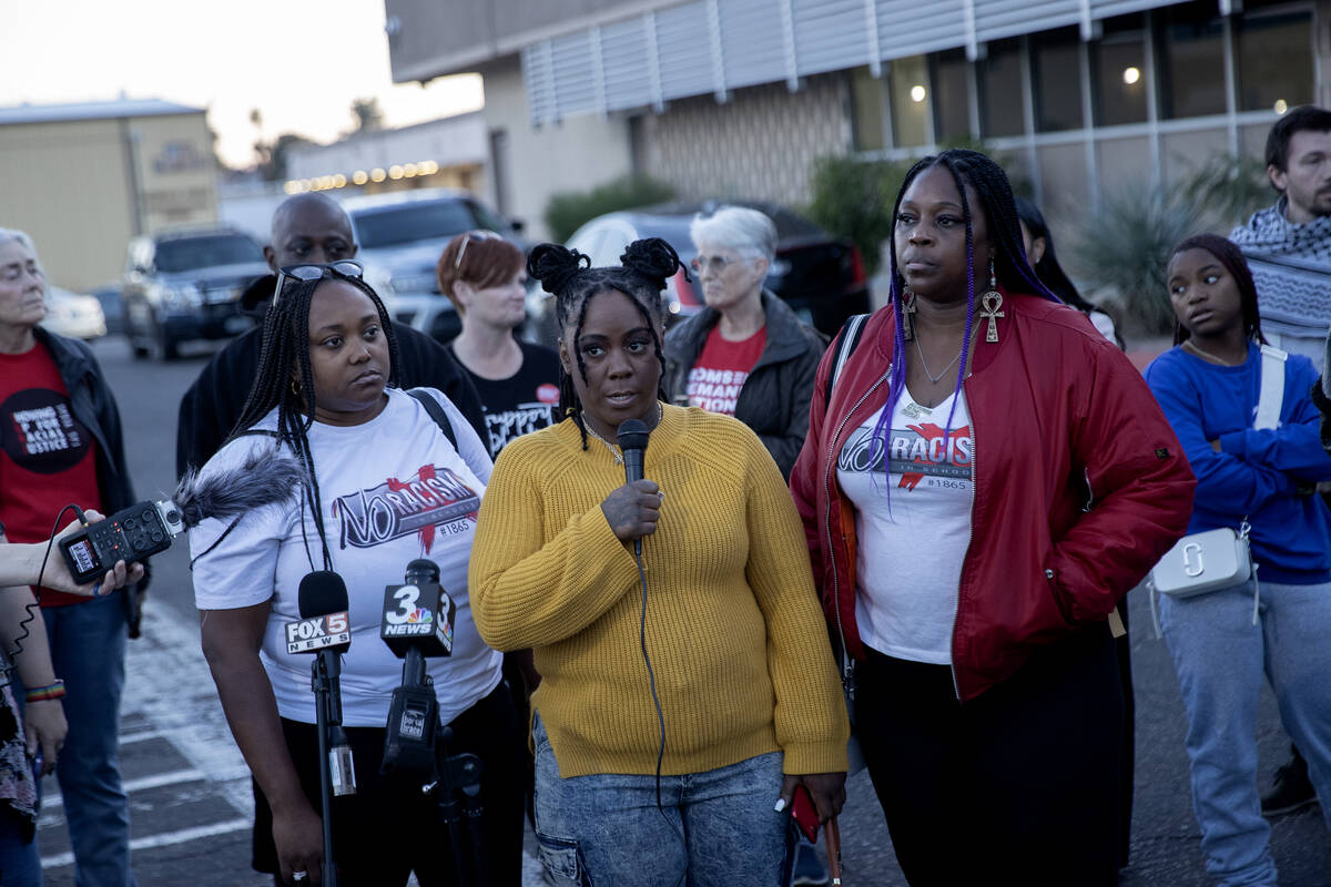 Kristal McClodden, mother of Davine McClodden, center, speaks during a news conference outside ...