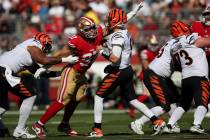 San Francisco 49ers defensive end Nick Bosa (97) pressures Cincinnati Bengals quarterback Joe B ...