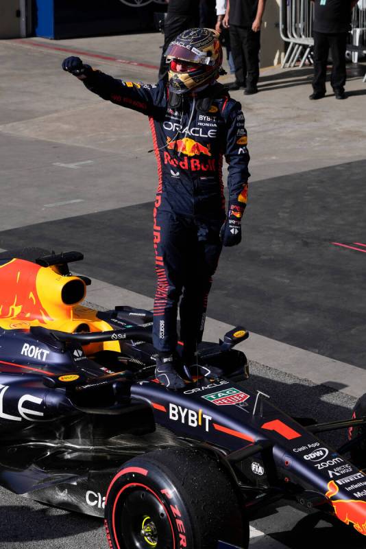 Red Bull driver Max Verstappen of the Netherlands celebrates finishing first in the Brazilian F ...