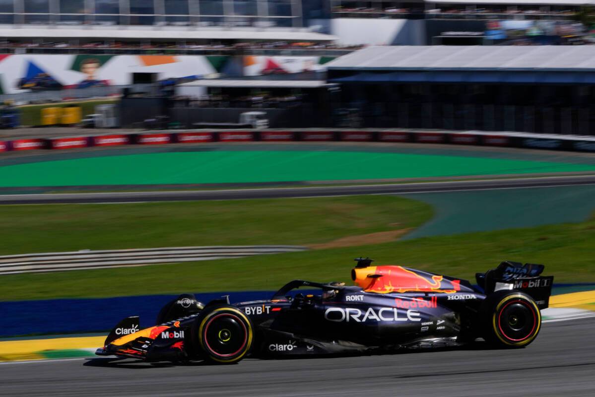 Red Bull driver Max Verstappen of the Netherlands steers his car during the Brazilian Formula O ...