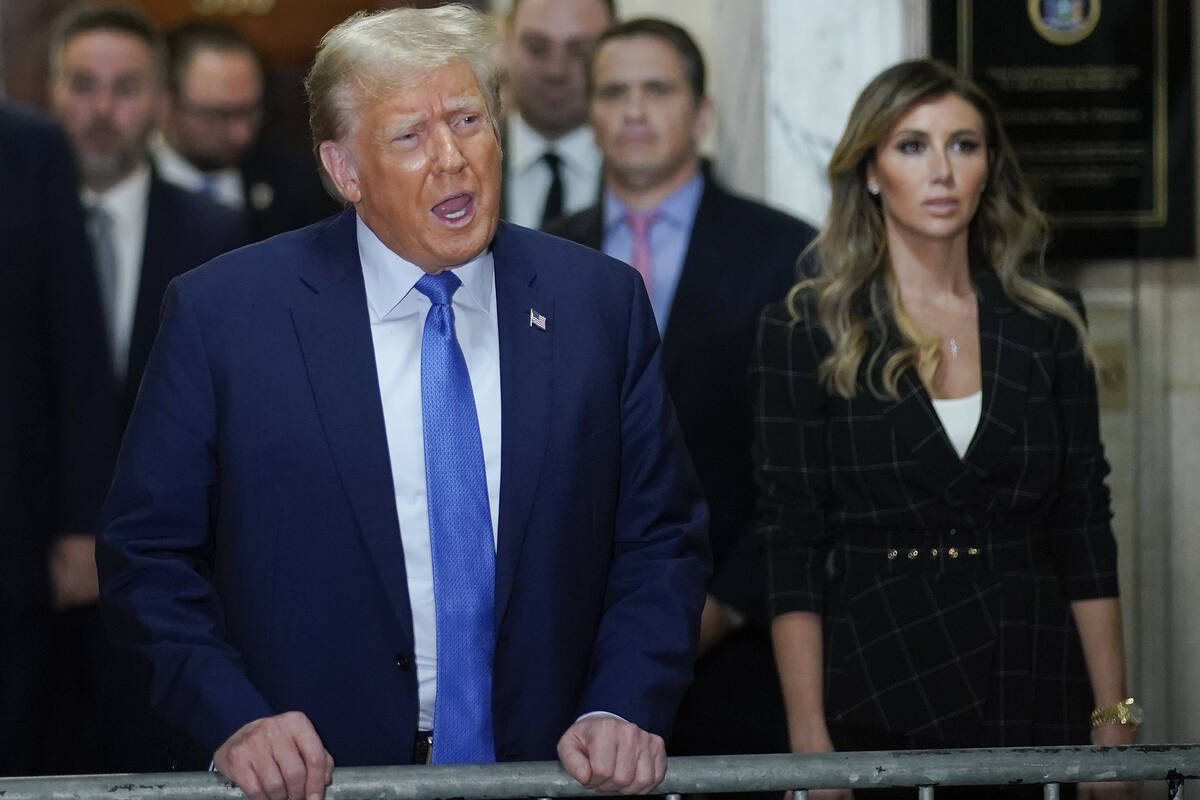 Former President Donald Trump speaks outside the courtroom after testifying at New York Supreme ...