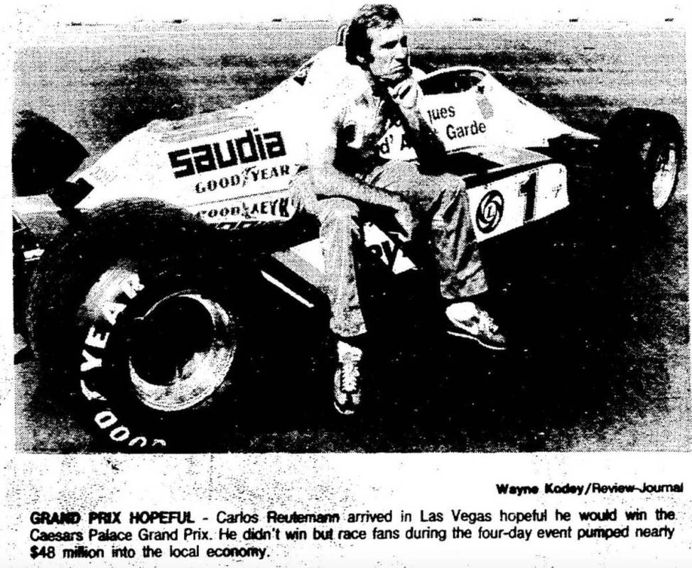 Caption states: "GRAND PRIX HOPEFUL - Carlos Reulemann arrived in Las Vegas hopeful he would wi ...