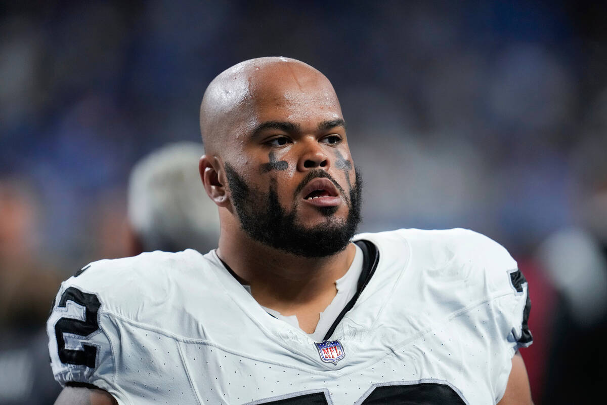 Las Vegas Raiders guard Jermaine Eluemunor (72) walks to the locker room at half time against t ...