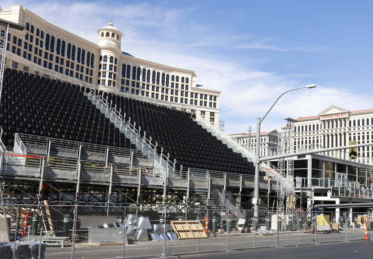 OCT. 24, 2023: Construction on grandstands at the lake in front of Bellagio is under way as par ...