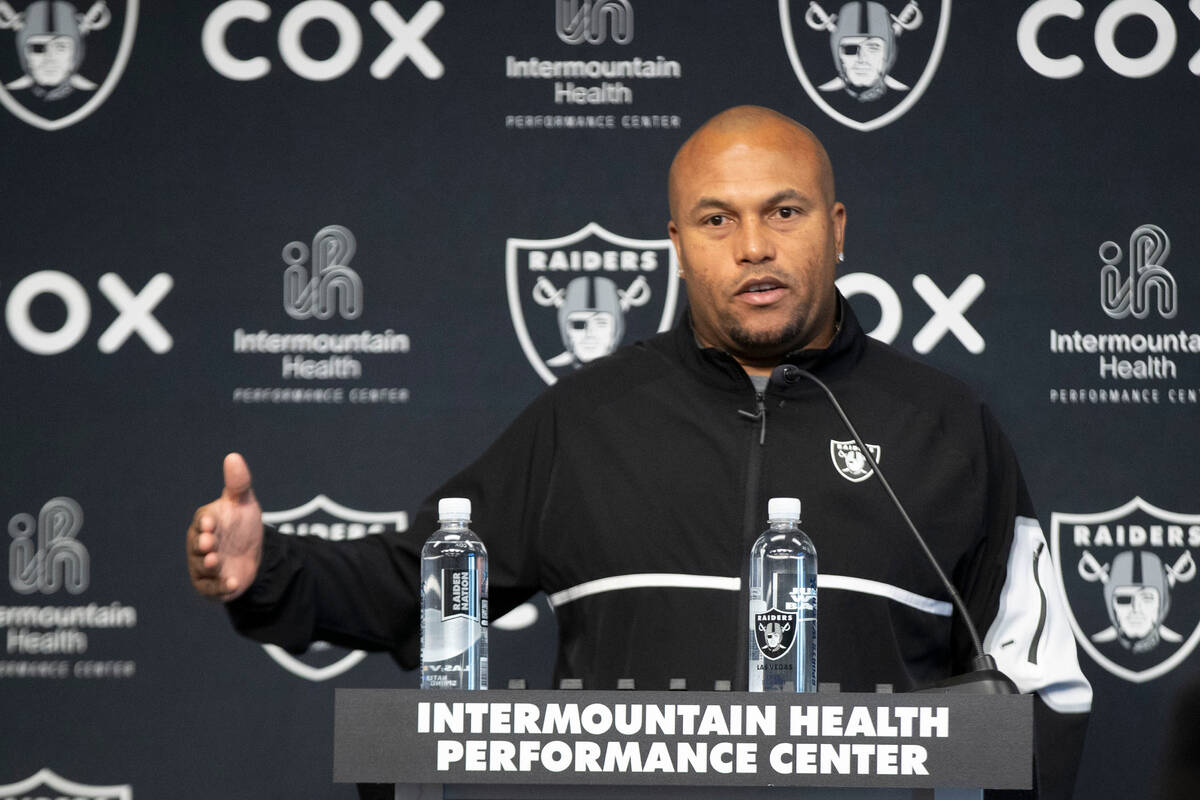 Raiders interim head coach Antonio Pierce addresses the media during a news conference at the I ...