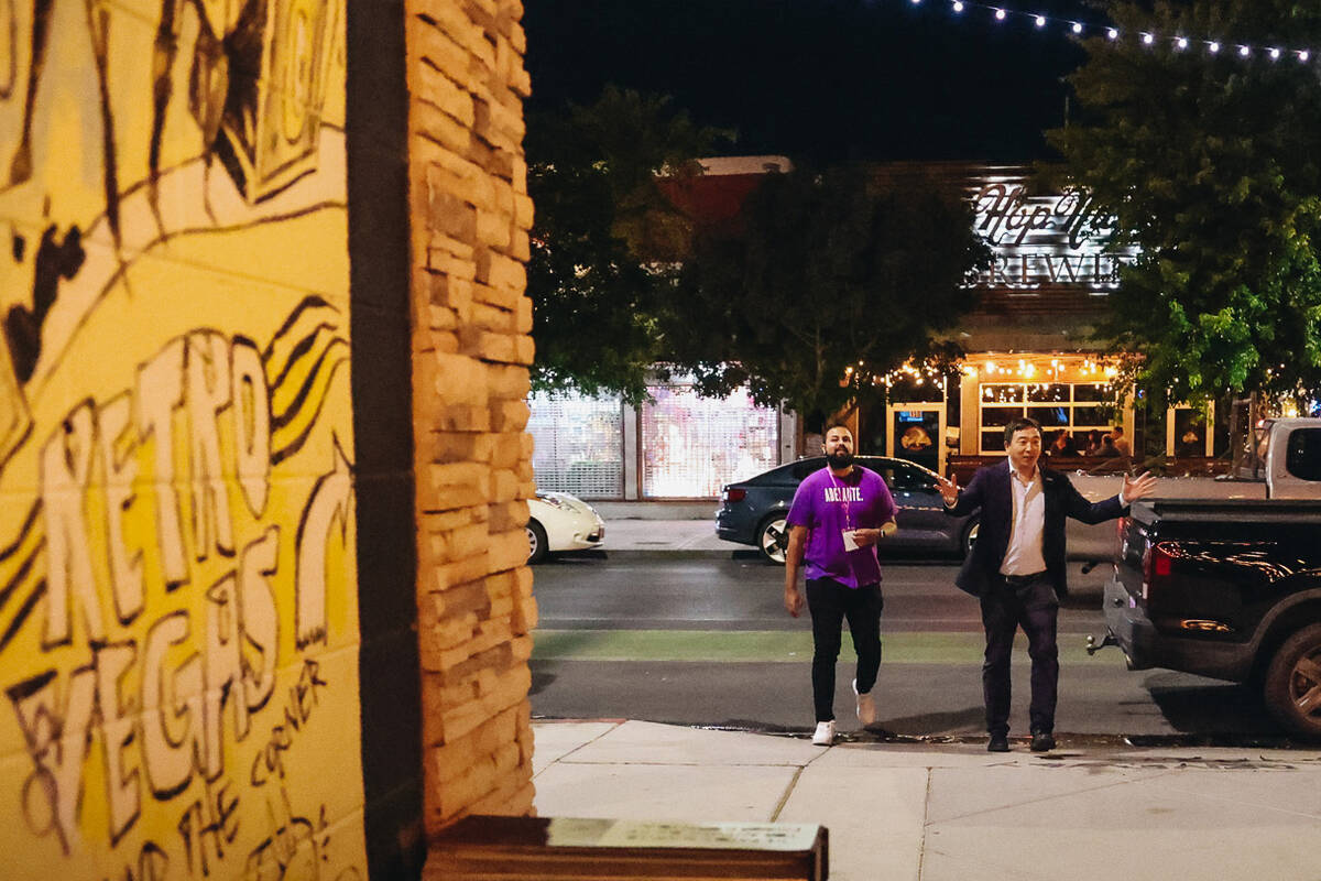 Andrew Yang, founder of the Forward Party, right, greets supporters as he walks into a Forward ...