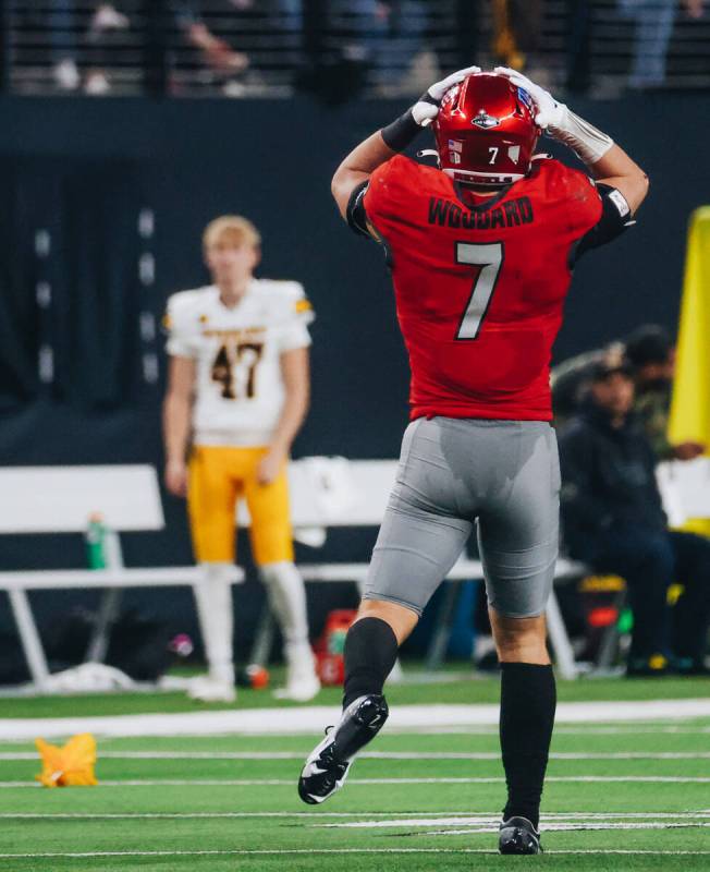 UNLV linebacker Jackson Woodard (7) reacts to a flag being thrown by a referee during a game ag ...